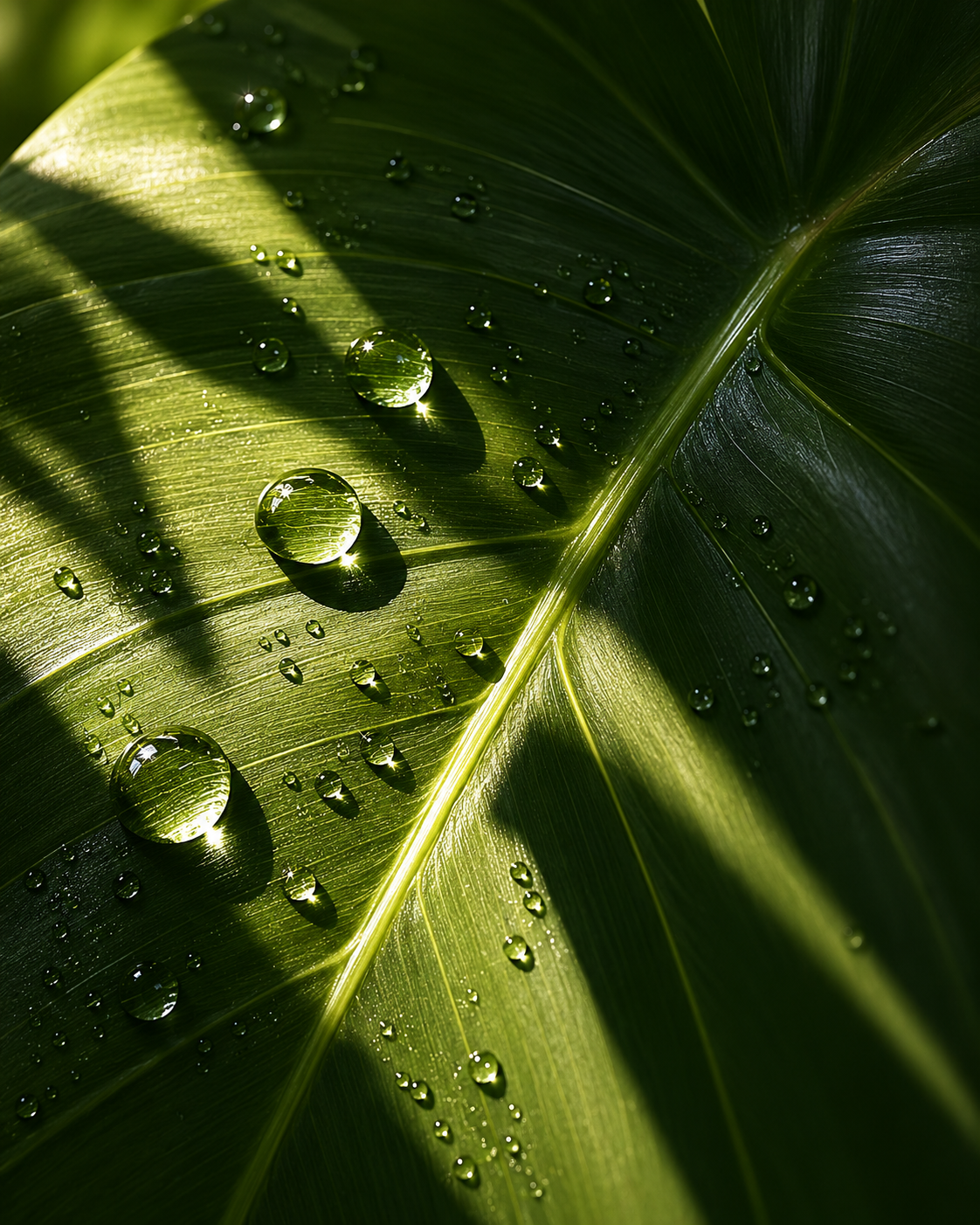 Botanical leaf texture with natural water droplets
